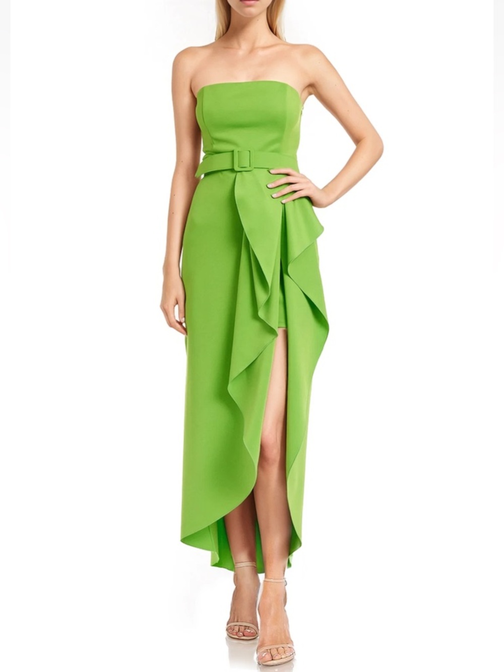 Jewel Badgley Mischka Lime Green Strapless Ruffle Column Belted Dress NWT $238